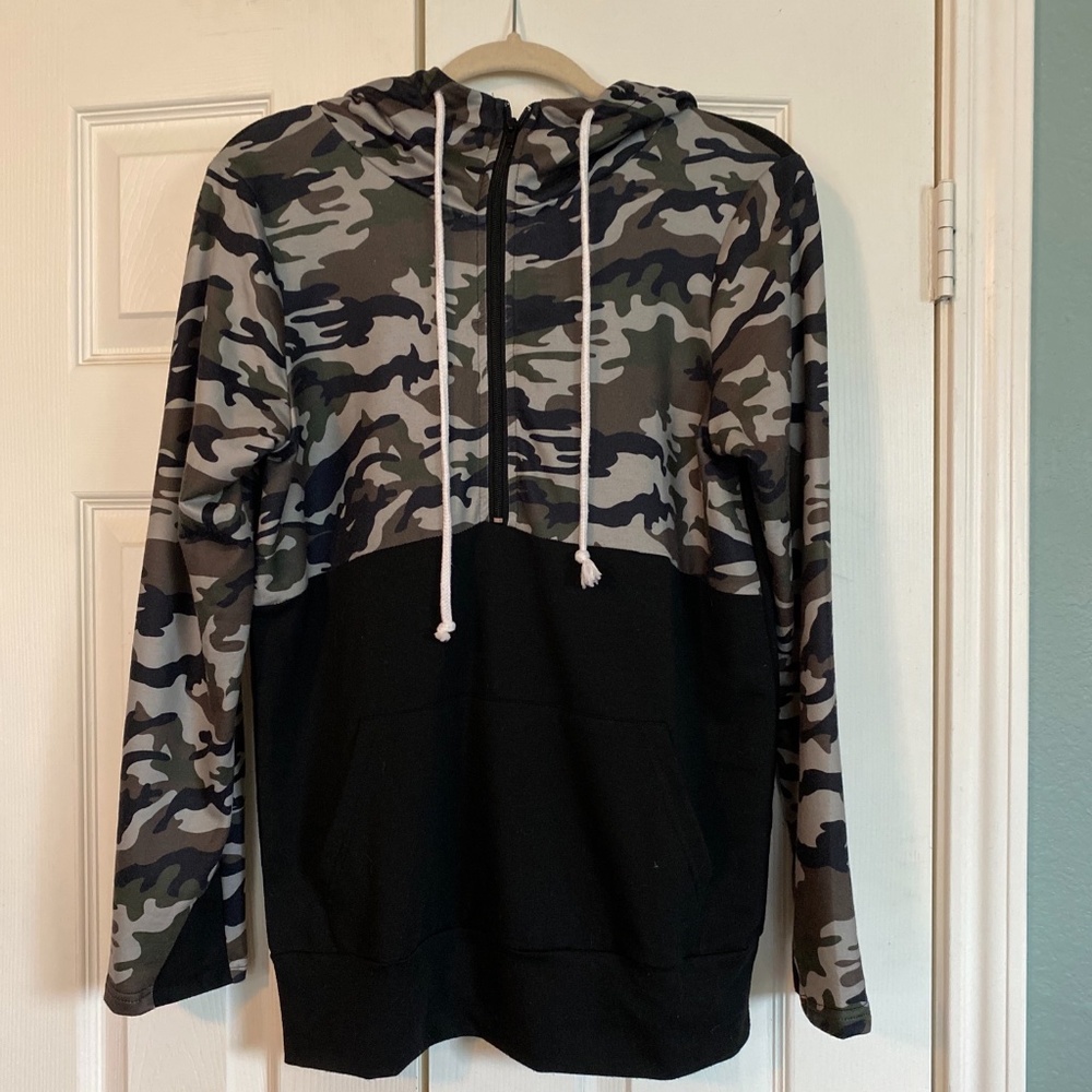 Barlver Color Block Camo Long Sleeve Hoodie Sweatshirt black green SMALL